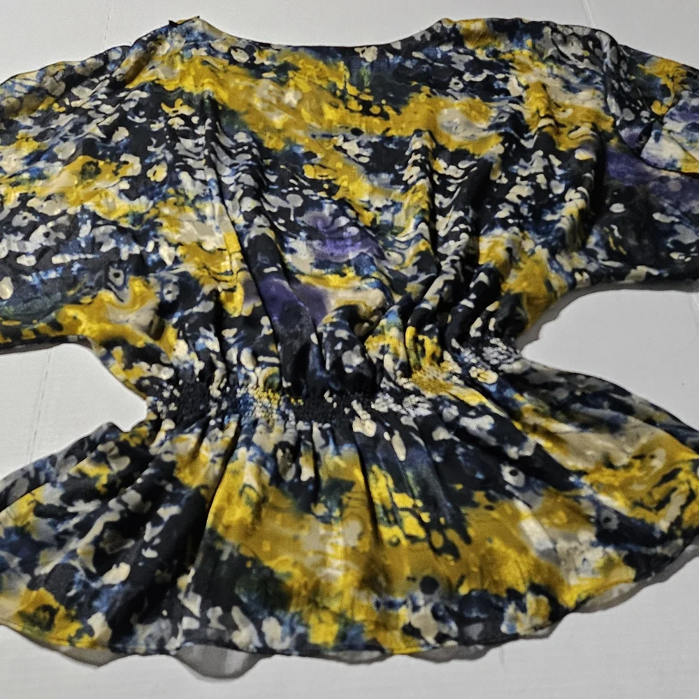 Vtg Jeanne Alexander Abstract Blouse Gathered Mid-Section Open Sleeve Womens Med - Picture 7 of 9
